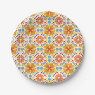 Assiettes En Carton floral and geometric pattern in shades of orange