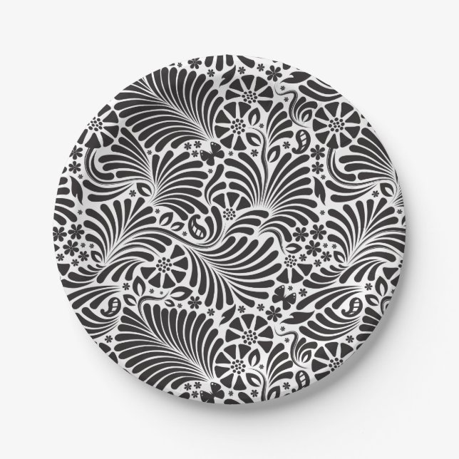 Assiettes En Carton Floral baroque moderne noir et blanc (Devant)