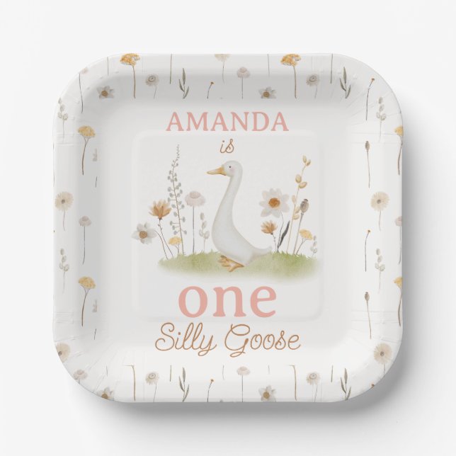 Assiettes En Carton Floral Beige Rustique Une oie Silly 1er anniversai (Recto)