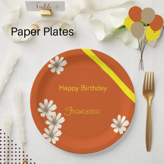 Assiettes En Carton Floral blanc avec arrière - plan orange