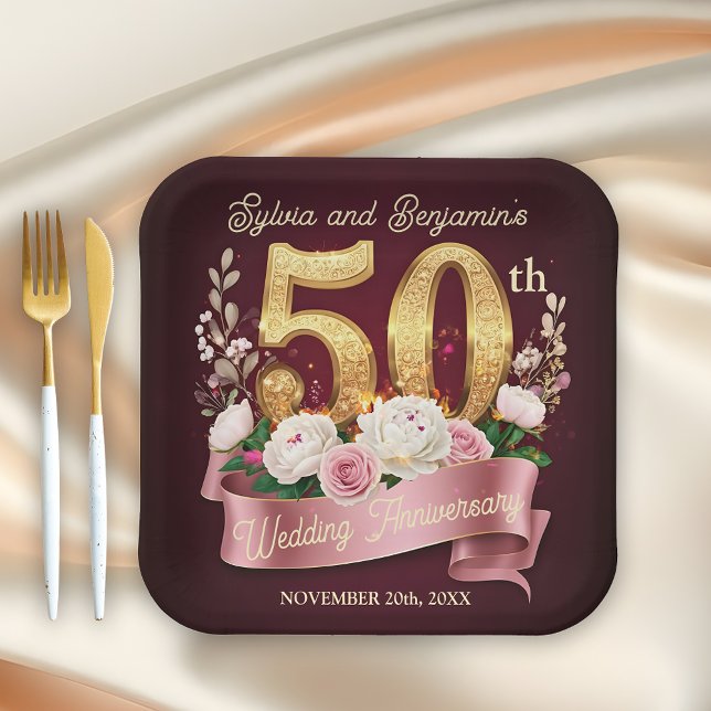 Assiettes En Carton Floral blanc rose Golden 50e anniversaire de Maria (Créateur téléchargé)