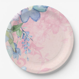 Assiettes En Carton Floral bleu vintage et rose