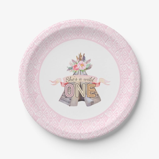 Assiettes En Carton Floral Boho Tribal Teepee Wild Un 1er anniversaire (Devant)