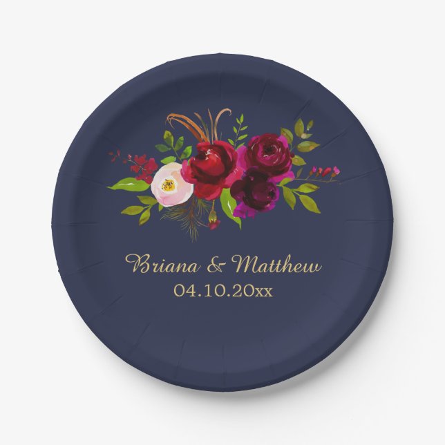 Assiettes En Carton Floral Bourgogne sur bleu marine (Devant)