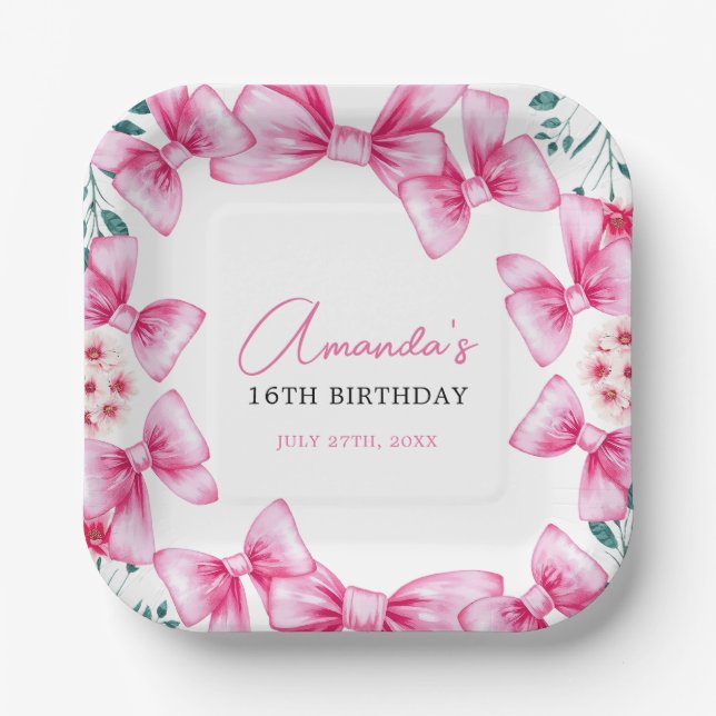 Assiettes En Carton Floral Bow Coquette Sweet 16 Anniversaire (Recto)