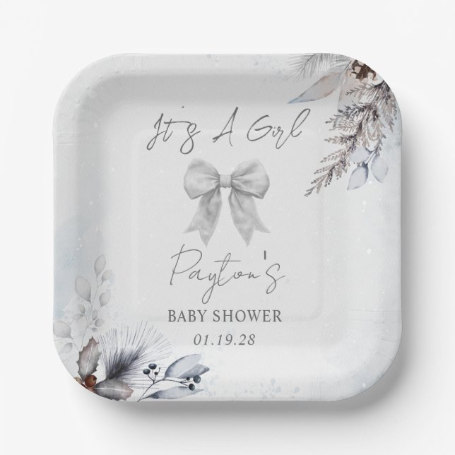 Assiettes En Carton Floral Bow Winter Girl Baby shower Bienvenue (Recto)