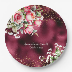 Assiettes En Carton Floral Burgundy Foil et Mariage de Parties scintil