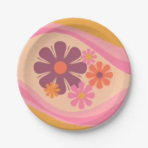 Assiettes En Carton Floral Daydream Fleur Rétro Motif rose orange