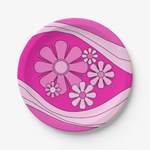 Assiettes En Carton Floral Daydream Retro Hot rose 60s Flowers