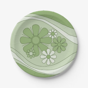 Assiettes En Carton Floral Daydream Sage Green Retro 60s les années 70