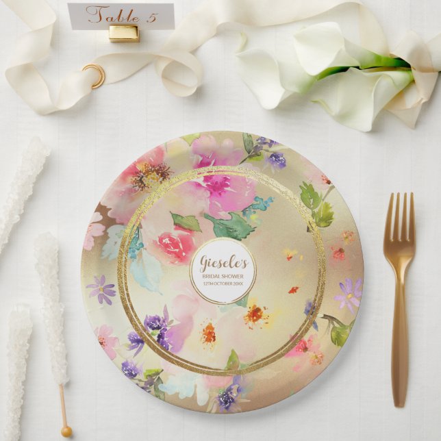 Assiettes En Carton Floral de pivoine d'or (Mariage)