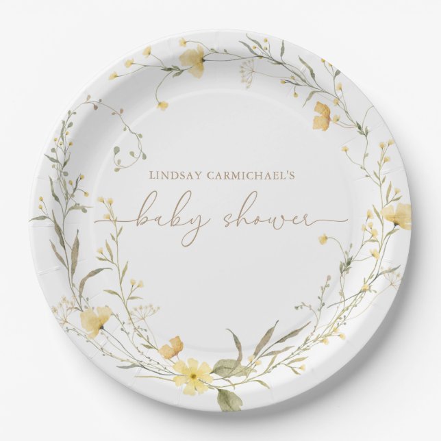 Assiettes En Carton Floral d'or | Fleur sauvage personnalisé (Devant)