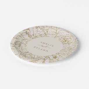 Assiettes En Carton Floral doré   Mariage crème et or