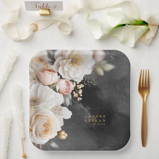 Assiettes En Carton Floral Drama Mariage Charcoal ID1022 (Mariage)