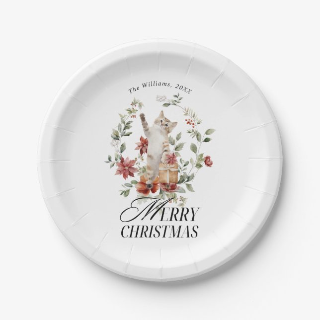 Assiettes En Carton Floral Elegant Aquarelle Chat Joyeux Noël (Devant)