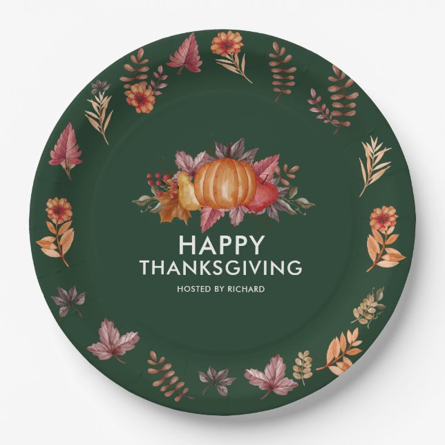 Assiettes En Carton Floral Emerald Green Thanksgiving Dîner (Devant)