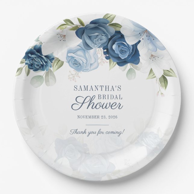 Assiettes En Carton Floral Fleur Aquarelle Bleu Blanc Fête des mariées (Devant)