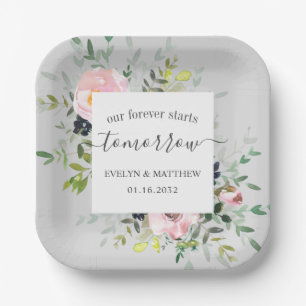 Assiettes En Carton Floral Gris Rose Pour Jamais Commence Demain Répét