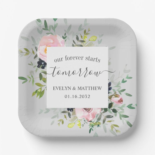 Assiettes En Carton Floral Gris Rose Pour Jamais Commence Demain Répét (Recto)