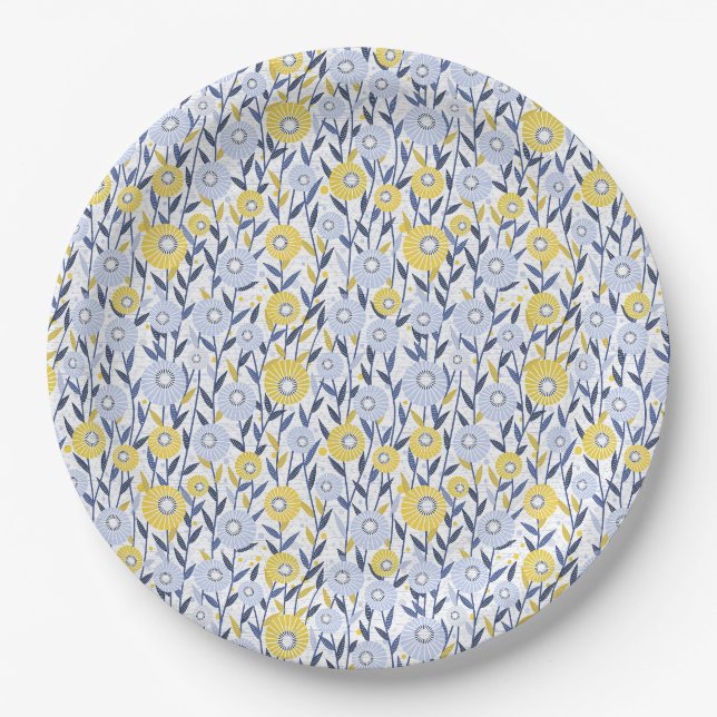 Assiettes En Carton Floral Jaune Bleu, Fleurs sauvages, Marguerites (Devant)