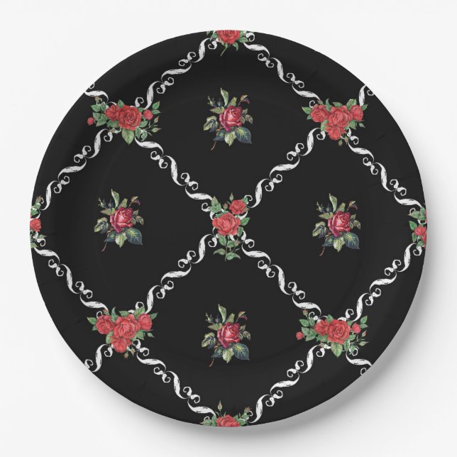 Assiettes En Carton Floral noir et treillis sucré Valentine (Devant)
