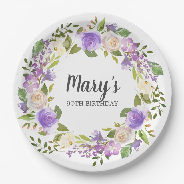 Assiettes En Carton Floral pourpre rustique 90e anniversaire (Devant)