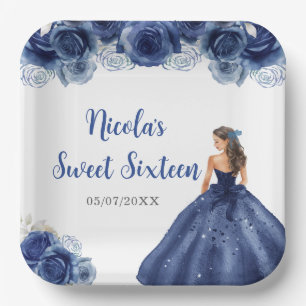 Assiettes En Carton Floral Princesse en Sweet sixteen bleu marine