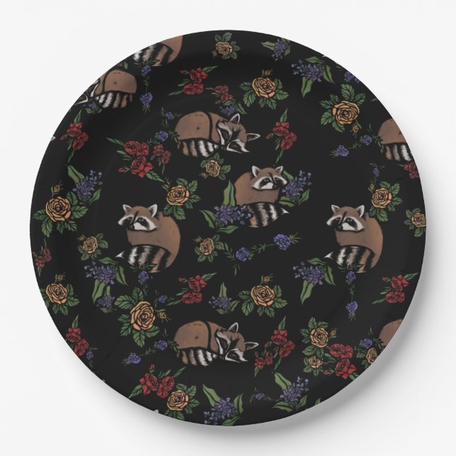 Assiettes En Carton Floral Raccoons mignon couchant Motif (Devant)