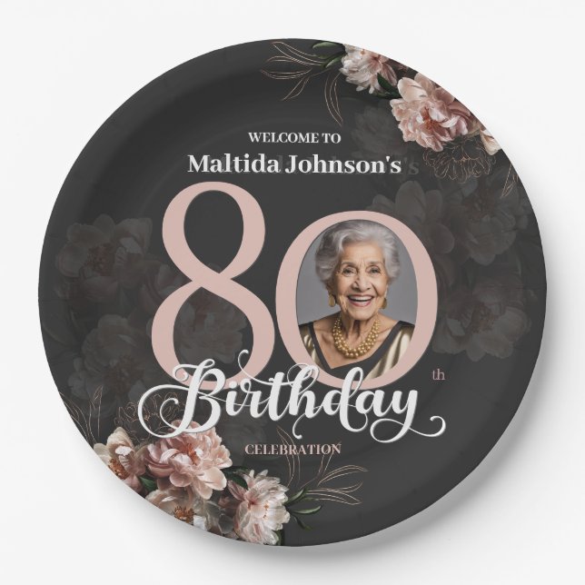 Assiettes En Carton Floral rose 80e anniversaire (Devant)