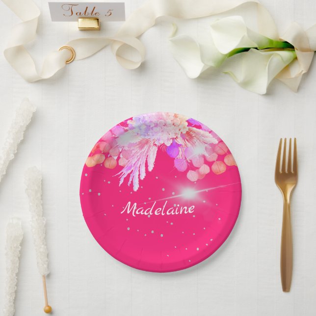 Assiettes En Carton Floral rose moderne Silver personnel (Mariage)