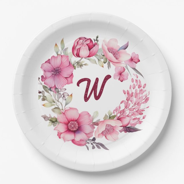 Assiettes En Carton Floral rose Monogramme initial (Devant)