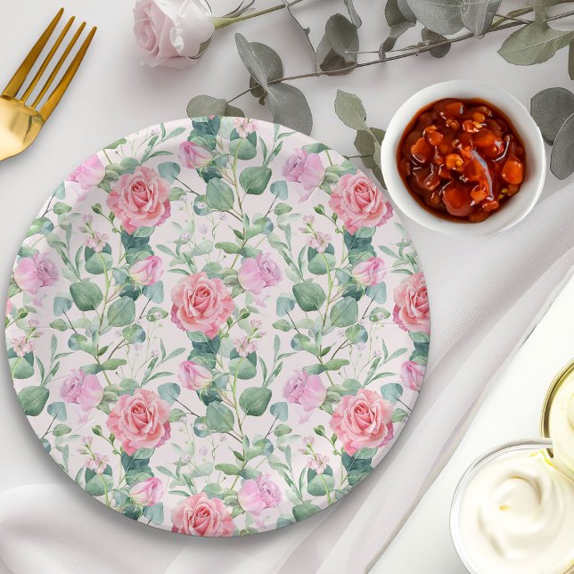 Assiettes En Carton Floral Rose Roses Élégante Tea Party (Floral rose garden paper plates from my Vintage Tea Party Baby Shower Collection)