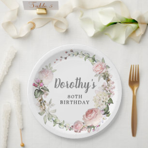 Assiettes En Carton Floral rose rustique 80e anniversaire