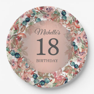 Assiettes En Carton Floral rose Turquoise 18e anniversaire