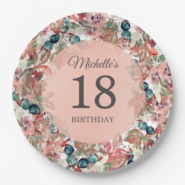 Assiettes En Carton Floral rose Turquoise 18e anniversaire (Devant)
