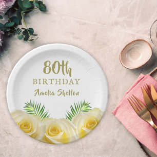 Assiettes En Carton Floral Roses Jaunes 80e fête d'anniversaire