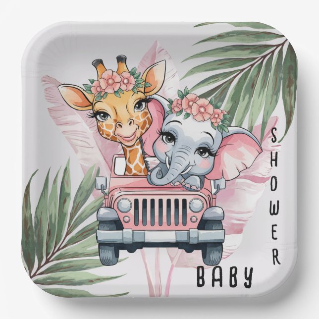 Assiettes En Carton Floral Safari aventure Baby shower fille rose (Recto)