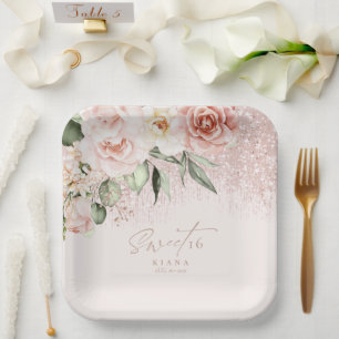 Assiettes En Carton Floral Sparkles Sweet sixteen Rose Gold ID912