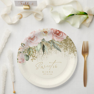 Assiettes En Carton Floral Sweet sixteen Gold ID912