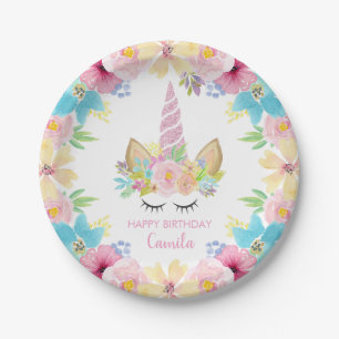 Assiettes En Carton Floral Unicorn Anniversaire fête Cute Aquarelle