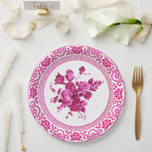 Assiettes En Carton Floral vintage Rose Et Blanc