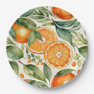 Assiettes En Carton Floral Watercolor Orange Citrus Botanical Pattern