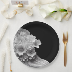 Assiettes En Carton Florales modernes Mariage noir et blanc