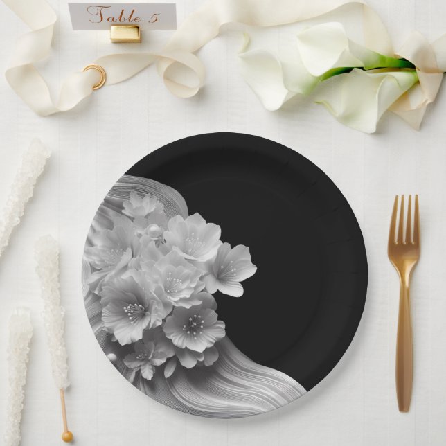 Assiettes En Carton Florales modernes Mariage noir et blanc (Mariage)