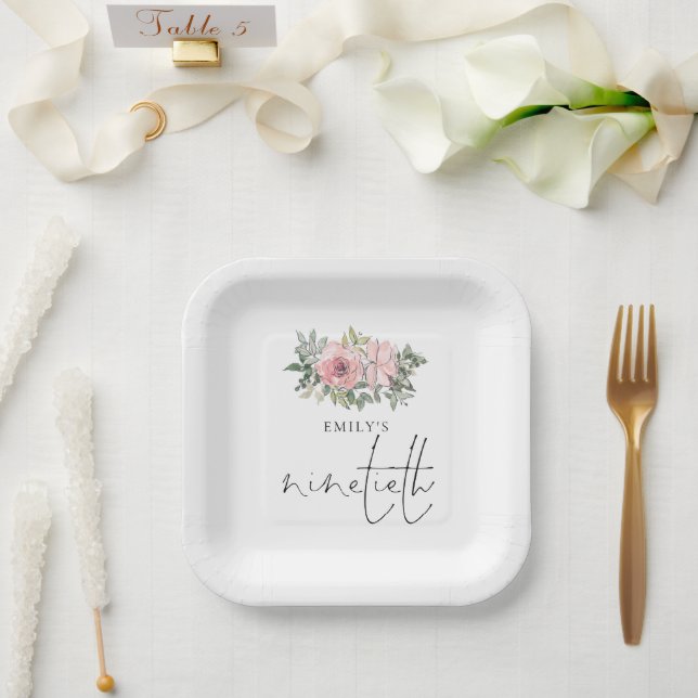 Assiettes En Carton Florales rose vif moderne 90e anniversaire (Mariage)