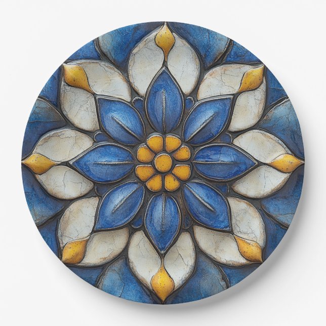 Assiettes En Carton Flore Azulejo bleu blanc et jaune (Devant)