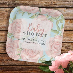 Assiettes En Carton Flore de Baby shower rose pâle