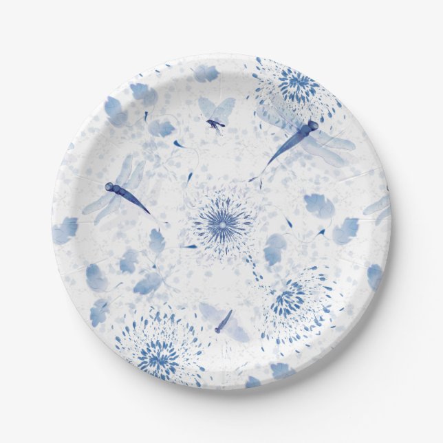 Assiettes En Carton Flore de libellule de la Chinoiserie bleue (Devant)