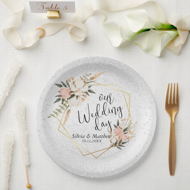 Assiettes En Carton Flore de Parties scintillant blanche et d'aquarell (Mariage)