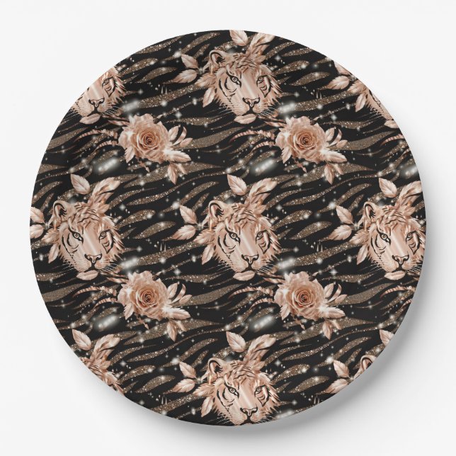 Assiettes En Carton Flore de tigre d'or Rose noir (Devant)